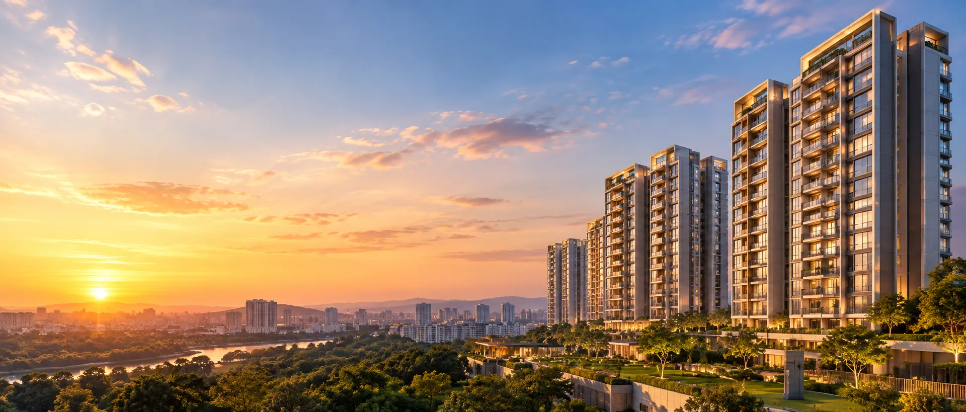 Illustrative view of modern residential towers at sunrise (generic image, not a listed project)
